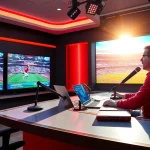 Engaging scene of a host in sports broadcasting, discussing gameplay strategies live.
