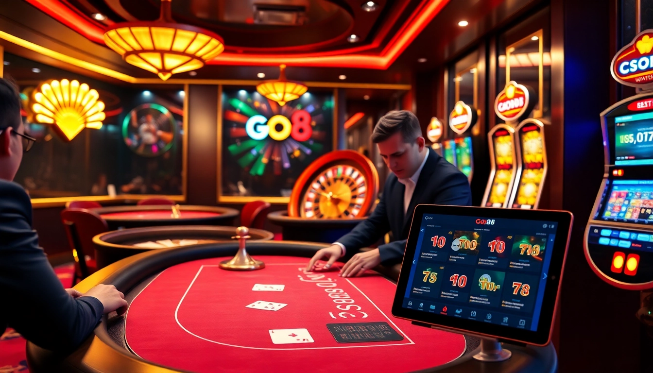 Action-packed scene at the trang chủ go8 casino, featuring engaged players at poker and roulette tables.
