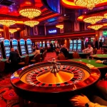 Engaging scene of gamblers at the iwin68 casino, showcasing tables, roulette wheel, and excitement.