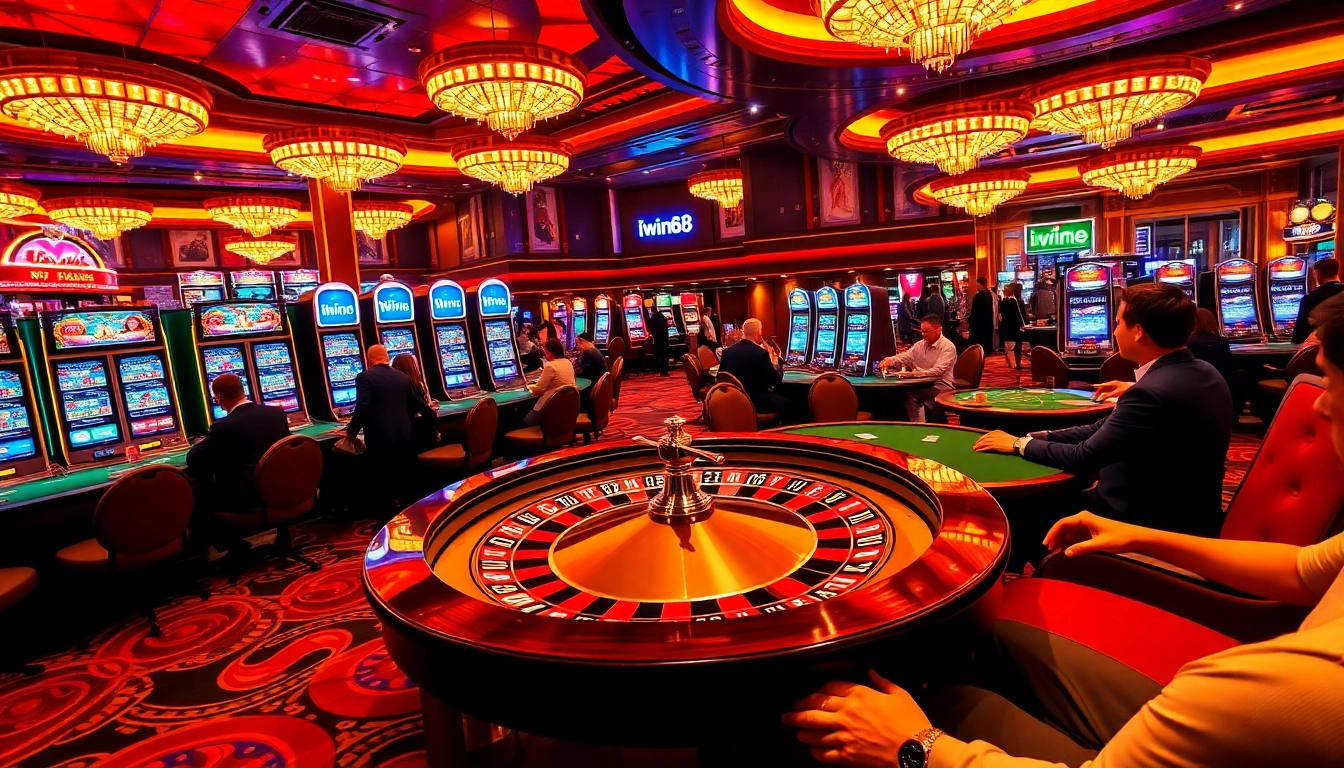 Engaging scene of gamblers at the iwin68 casino, showcasing tables, roulette wheel, and excitement.