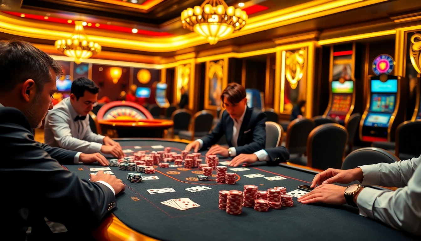 High-stakes poker gameplay at RR888, showcasing vibrant chips and cards in a luxurious casino atmosphere.
