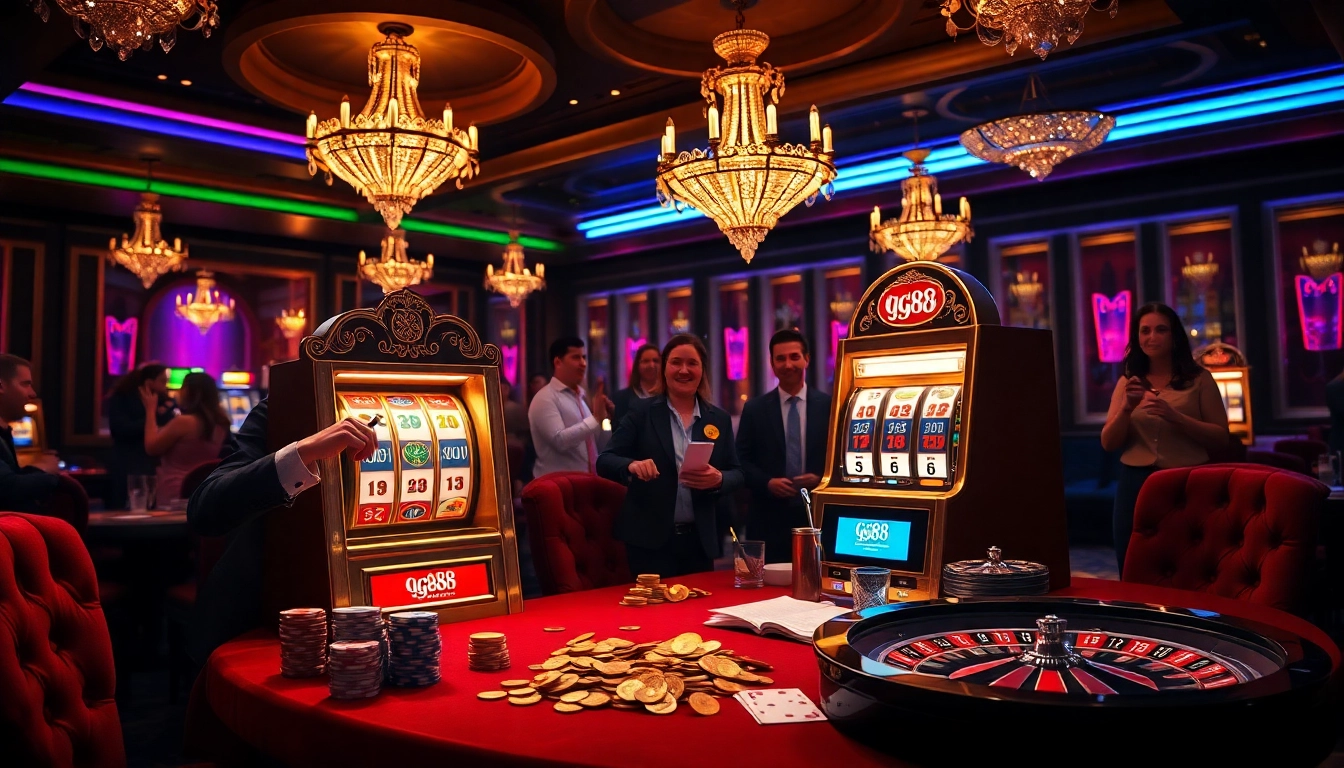Excited player at a gg88 slot machine in a luxurious casino setting with chips and betting slips.