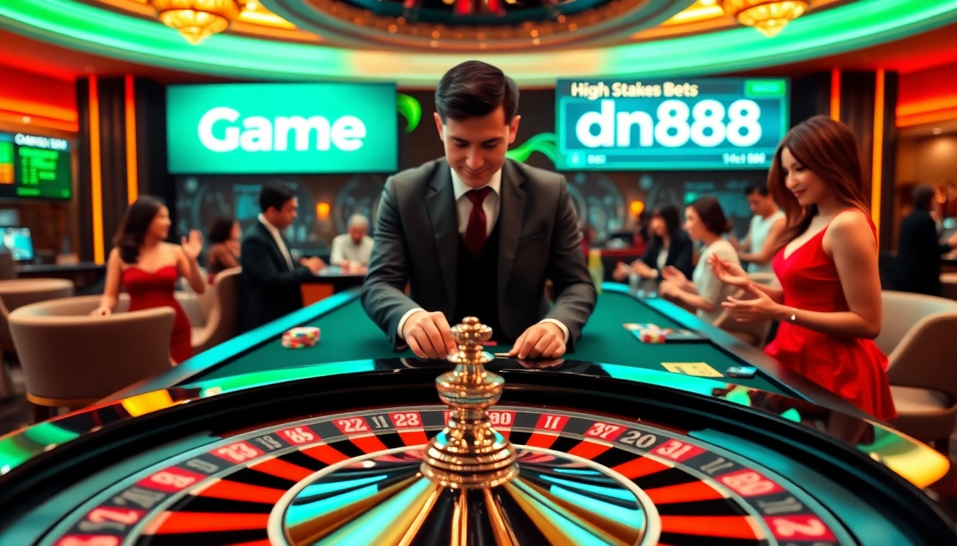 Experience thrilling moments with Game dn88 at a vibrant casino table featuring roulette and dealers.