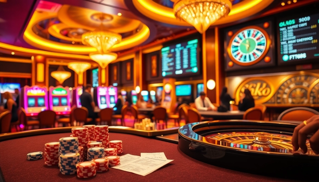 A lively casino scene featuring slot machines and poker tables, highlighting the winning experience at Bet88 com.