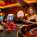 Players engaging in high-stakes poker with thrilling action at c54.gb.net, featuring vibrant casino décor.