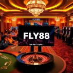 Experience the thrill of gambling at FLY88 casino with vibrant visuals of tables and slots.