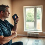 Leak detection technician using thermal imaging camera in a home setting to locate hidden leaks.