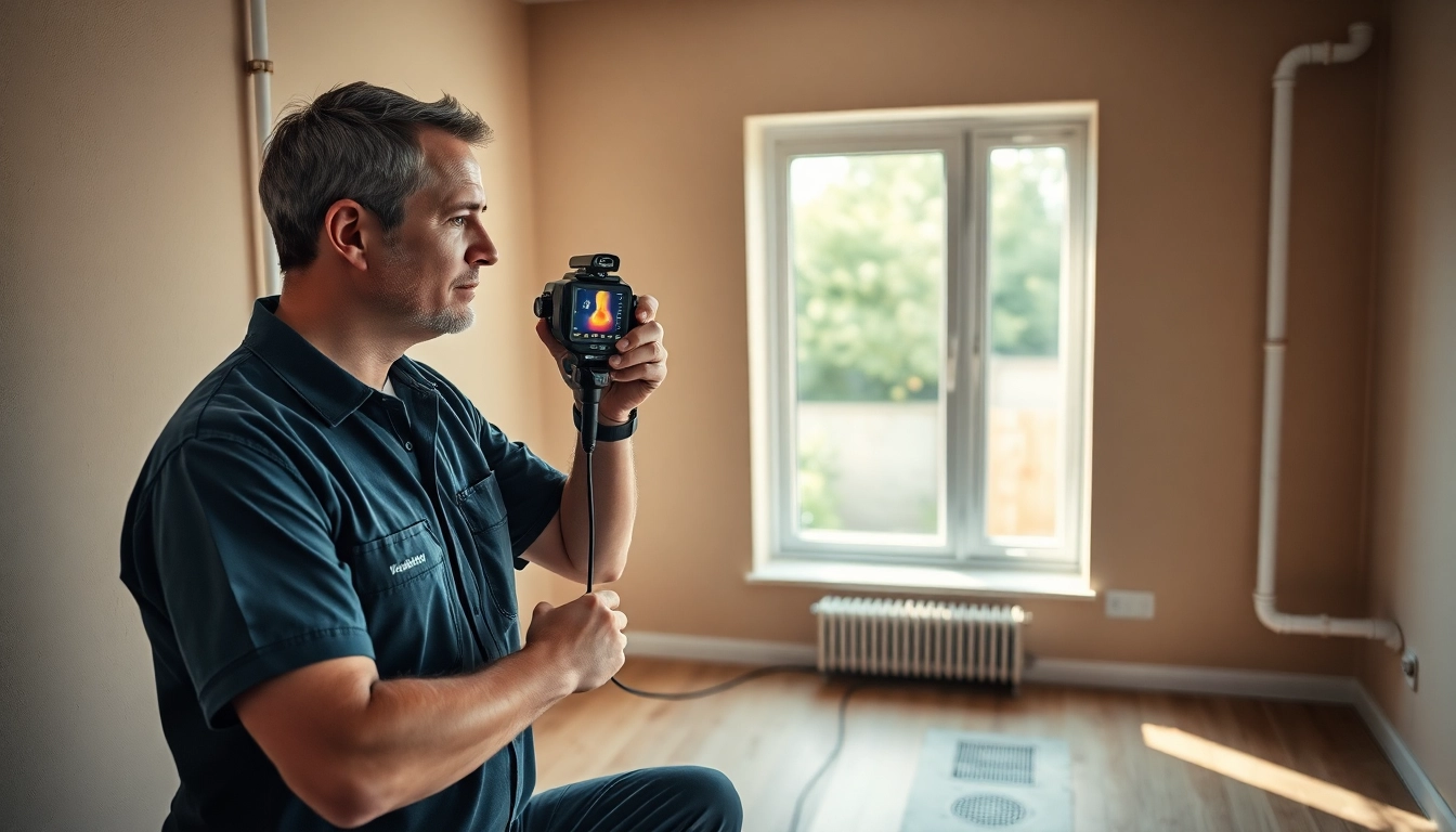 Leak detection technician using thermal imaging camera in a home setting to locate hidden leaks.