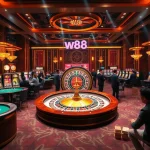 w88 không bị chặn - Engaging casino scene with poker tables, roulette wheel, and vibrant slot machines.