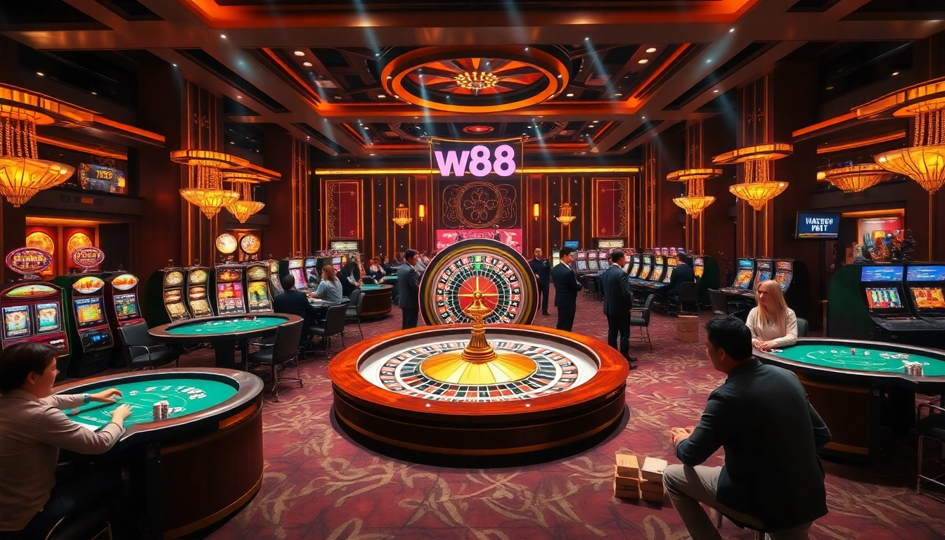 w88 không bị chặn - Engaging casino scene with poker tables, roulette wheel, and vibrant slot machines.