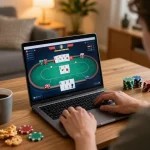 Experience strategic poker play with Fly88 on a laptop in a cozy home setting