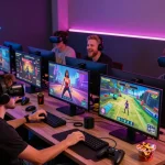 Engaged adults playing various porn games online in vibrant gaming lounge.