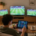 Engaging in trang cá cược bóng đá online, a player reviews live betting options on their tablet, excited atmosphere evident in cozy home setting