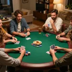 ROKOK88 poker night with friends showcasing excitement and strategy in a cozy home setting