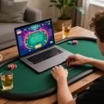Player strategizing in a poker game on soc888, showcasing laptop interface and cozy gaming setup.