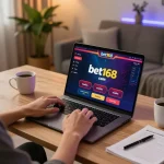 Engaging in online gaming on bet168 com at a cozy home setup with vibrant interface displayed