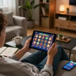Engaging home gaming setup showcasing mn88 link on tablet for online casino entertainment