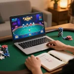 Person playing poker online at home using RR88 casino platform, showcasing gaming strategy.