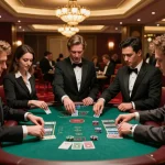 8kbet players enjoying a blackjack game in an upscale casino environment, celebrating a win together.