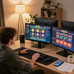 Experience exciting online gameplay at PHTAYA with a dedicated gaming setup featuring multiple screens and a cozy ambiance.