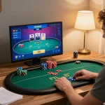 Player using the mb66 platform for online poker, showcasing a strategic gaming atmosphere and focused engagement.