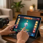 Engaged player enjoying tài xỉu online casino gameplay on tablet in a cozy setting, highlighting strategic betting.