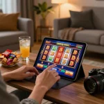 Nohu90 player enjoying online slots on tablet in cozy home atmosphere.