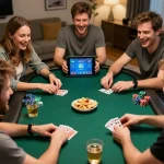 Players enjoying an engaging game of poker on 888b in a lively home setting with snacks.
