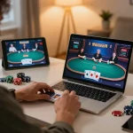 Player engages in online poker at home, showcasing f168's interactive interface and strategic gameplay.
