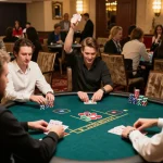 Players at n188 poker table engaged in high-stakes action with dynamic gameplay and lavish casino atmosphere