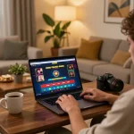 Engaged player using the SC88 casino app on a laptop at home, highlighting a relaxed online gaming experience.