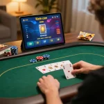 Player focused on online poker gameplay on Kwin com, illuminated screen and cozy home setup enhancing the gambling experience