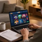 Person engaging with rr88 online casino on laptop, showcasing responsible gambling.