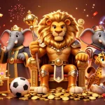 Engage in sports betting strategies with kèo bóng đá nhà cái, featuring a lion king and vibrant elements.