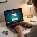 Engaging in online poker at home with jun88 laptop gameplay and strategy notes.