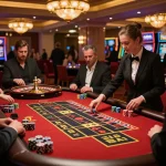 Rokok88 players excitedly placing bets at a vibrant roulette table in a luxurious casino.