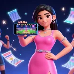 Kết quả bóng đá presented dynamically with a confident Asian woman holding a smartphone showing live betting action.