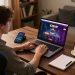 Player engaging with 678vip's online casino interface on a laptop, immersed in a strategic gaming atmosphere.