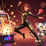 Bet on keobongda with a dazzling scene of a stylish woman, a playful tiger, and vibrant casino elements.