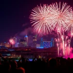 Captivating manchester fireworks illuminate the night sky over the city skyline.