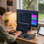 Developer using Open Claw AI in a cozy workspace with coding tools and natural light