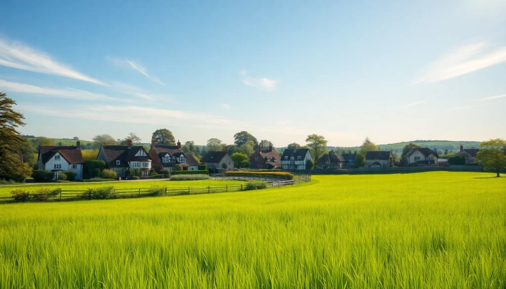 Pyrford village showcasing its charming cottages and lush greenery under bright blue skies.