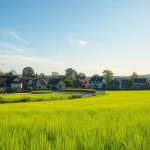 Pyrford village showcasing its charming cottages and lush greenery under bright blue skies.