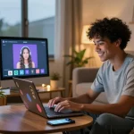 Engaging with a sex chat AI in a cozy modern living room with warm lighting and a personal touch.