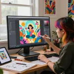 Artist using Nano Banana Pro AI image editor in a vibrant digital art studio