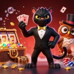 Experience thrilling wins at af88 with a stylish panther dealing cards amidst slot reels and treasure chests.