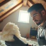 Efficient loft insulation removal specialist expertly extracting foam insulation in an attic.