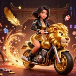 Experience the excitement of RR 88 with a glamorous Asian woman riding a golden lion in a vibrant casino scene.