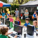 Children enjoying a Gaming party London, with vibrant consoles and outdoor excitement.
