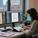Creative artist generating NSFW AI art in a vibrant urban loft studio.